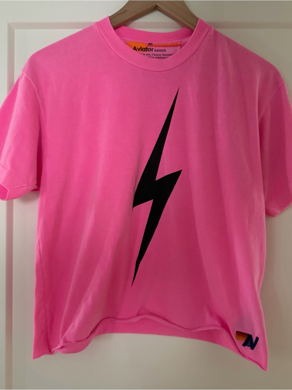 Aviator Nation Neon Pink Tee with Black Lightning Bolt